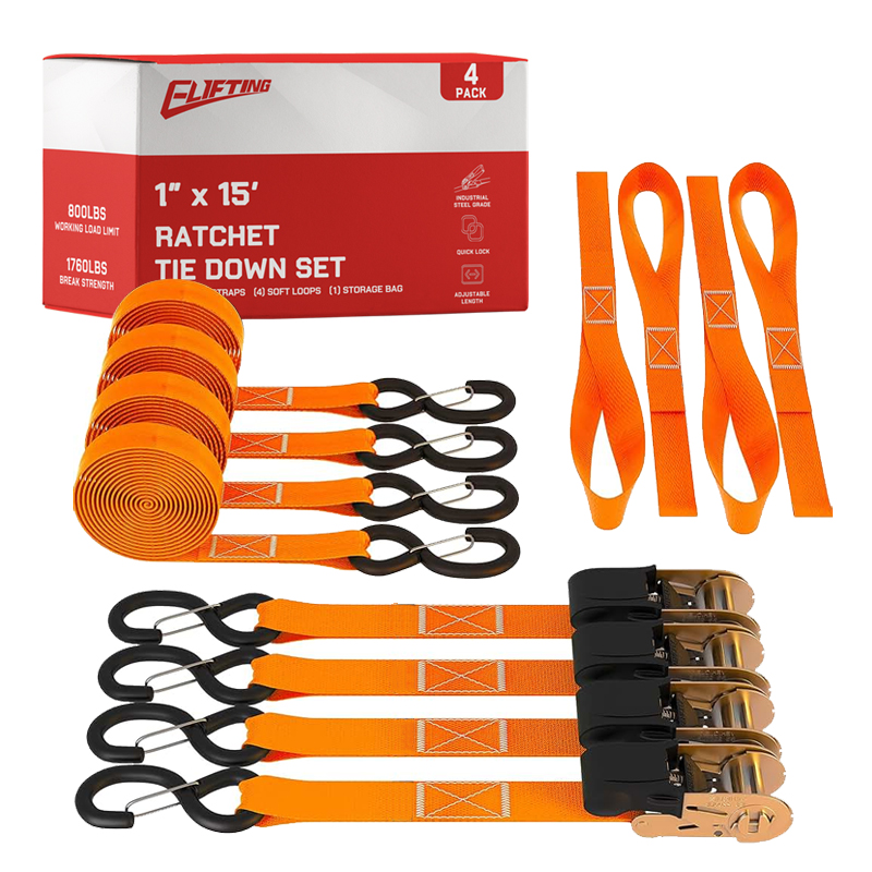 Kit de amarração de catraca de 1 ″ x 15 "com loops suaves （4-PACK)